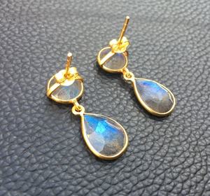1 par de pendientes colgantes chapados en oro y plata 92,5 Vintage, labradorita Natural, pera de Fuego Azul, piedras preciosas redondas pulidas perfectamente - Product Image 2