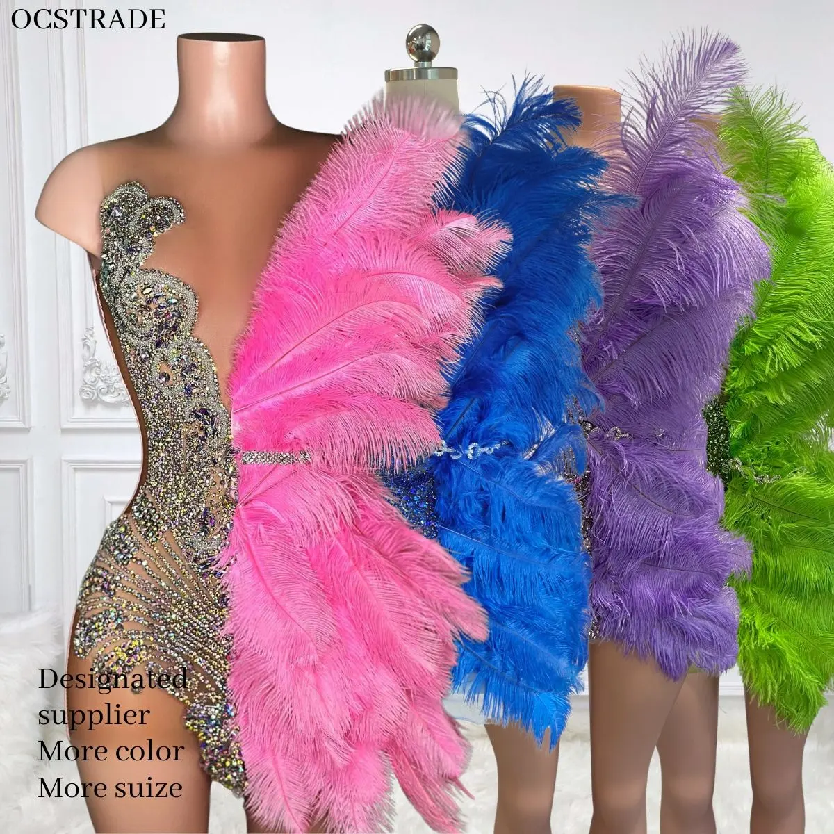 Ocstrade 독특한 디자인 라인 석 핫 핑크 드레스 깃털 반짝이 다이아몬드 클럽 파티 드레스 여성 퍼포먼스웨어 볼룸