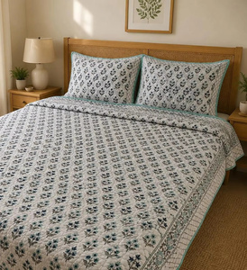 Juego de Edredón Acolchado con Estampado Floral Hecho a Mano en Jaipur, Estilo Moderno, con 2 Fundas de Almohada - Product Image 5