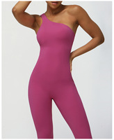 Combinaison une pièce pour femme, col en V, froncée aux fesses, asymétrique à une épaule, sans manches, pour yoga, fitness et sport, séchage rapide, respirante, en Spandex/Nylon