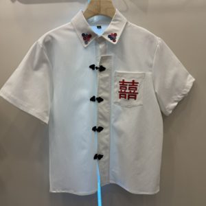Camicia da uomo bianca in <span class=keywords><strong>maglia</strong></span> waffle con bottoni cinesi a rana e ricamo Double <span class=keywords><strong>Happiness</strong></span>, top streetwear, grafica vintage - Product Image 5