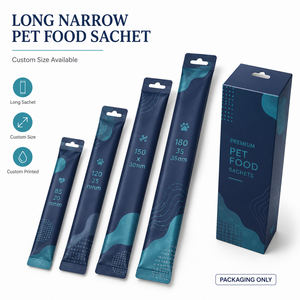 Sachet personnalisé long et étroit pour aliments pour animaux, imprimé, à trois soudures latérales, emballage en pochette adhésive pour friandises pour chats, purée et pâtes pour animaux - Product Image 1