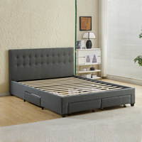 Lit moderne avec tiroirs de rangement, tête de lit capitonnée à boutons, tissu gris, taille double, lit rembourré doux avec 4 tiroirs de rangement