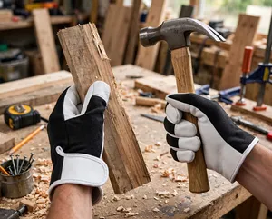 White Leather Wrist-Length Full <b>Finger</b> Safety Grip <b>Gloves</b> with Textured Palm Mechanic Utility for Assembly Four Seasons Use - Product Image 3