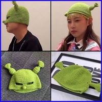 Gorro de monstruo de ganchillo 3D con orejas largas, gorro de invierno verde divertido hecho a mano, gorro de punto, gorro tipo beanie