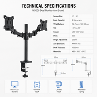 Support de moniteur à double bras à ressort mécanique réglable, hauteur de levage 260 mm, portée 449 mm, pour configuration de poste de travail ergonomique