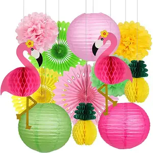 火烈鸟和菠萝蜂窝球纸灯笼纸扇绒球花卉套装夏威夷卢阿罗哈派对装饰品