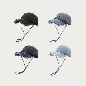 Fashion Women Trendy Raw Fringe Bill Spring Summer Faded Denim Baseball Caps Outdoor Street Sun <b>Hat</b> with Wind Rope - Product Image 2