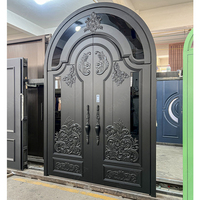 Porte d'entrée principale de villa haut de gamme en aluminium moulé double couche à arche, motif sculpté, taille personnalisée, porte extérieure de sécurité