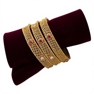 Stylish 24K Gold Plated <b>Bangle</b> <b>Set</b> With Zircon Stones And Pearls For Women Wedding Party Jewelry Geometric Pattern Bracelets - Product Image 2