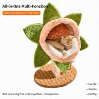Arbre à chat en bois multifonctionnel en forme de fleur avec lit, griffoir et perchoir ; Conception peu encombrante, idéal pour les petites maisons et les grands chats.