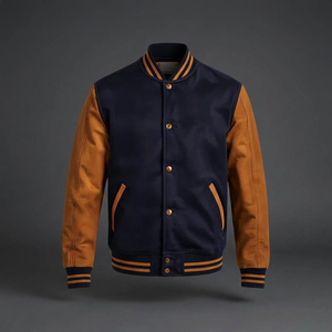 Chaqueta universitaria azul marino con cuerpo de lana y mangas de cuero color canela - Product Image 3