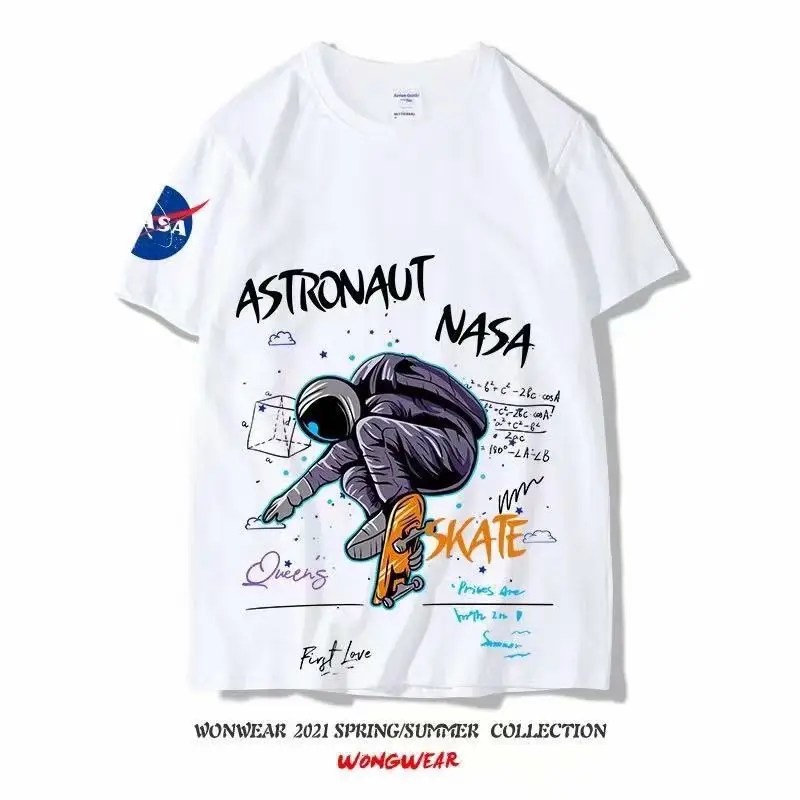Mens fashion brand ins casual summer shortsleeved top nasa astronaut bend over jump loose printed trend Tshirt