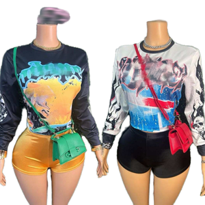 Peeqi 女式夏季环保棉质氨纶街头服饰图案印花套头衫长袖上衣和短裤 <span class=keywords><strong>2</strong></span> 件套休闲套装 - Product Image 1