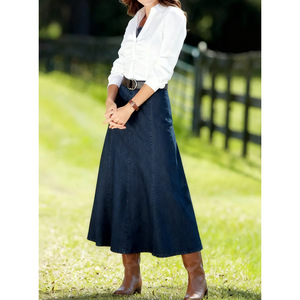 Jupe longue en jean grande taille bleu indigo en coton couleur unie micro-élastique pour femme style Europe Amérique - Product Image 1