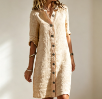 Robe longue décontractée en lin et coton pour femme, col chemise, manches mi-longues, grands boutons, style européen et américain, tenue d'été pour femme