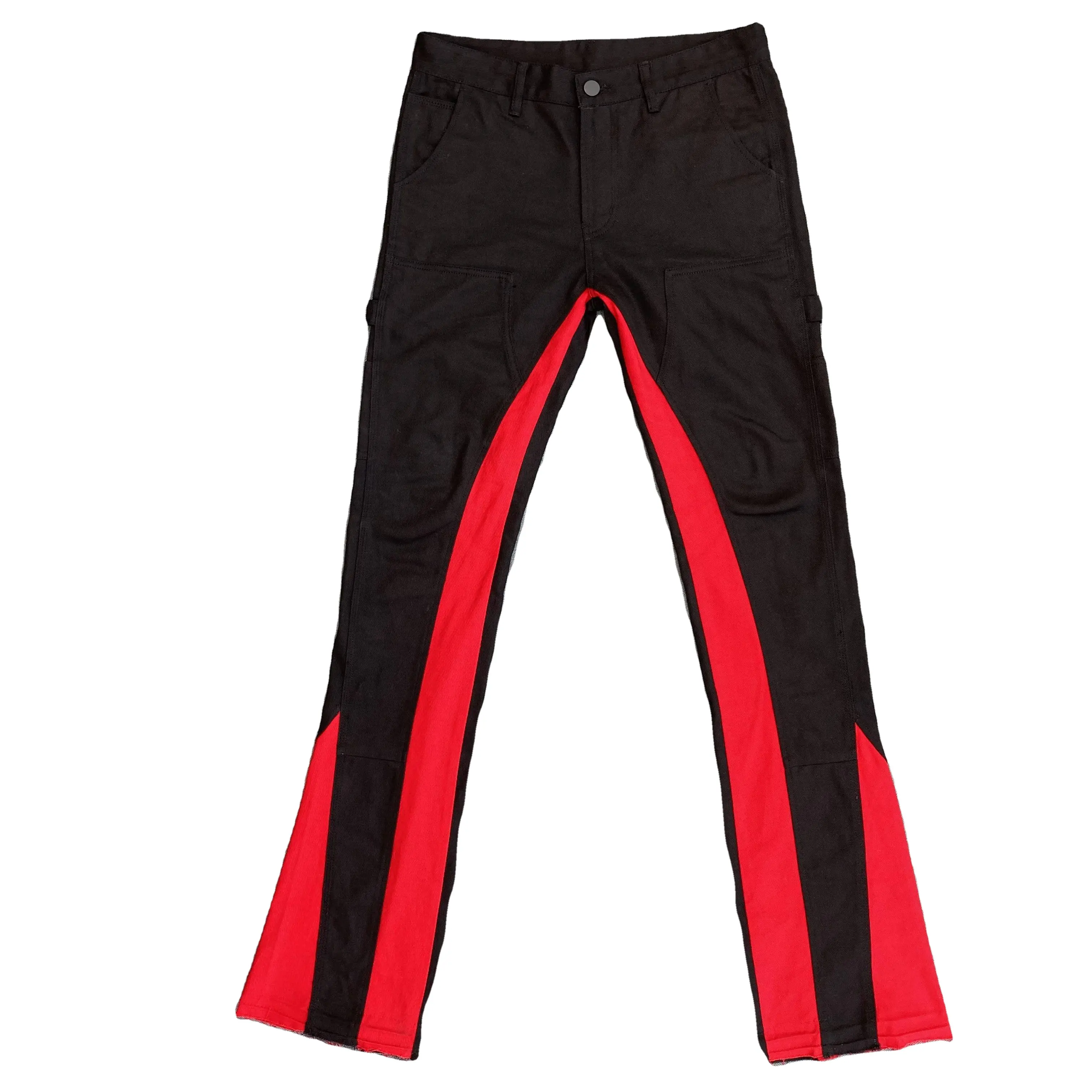 DENIMGUYS custom red contrast denim fabric raw edge bottom cotton flare stack men's jeans