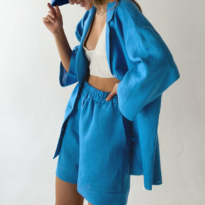 OEM <span class=keywords><strong>donna</strong></span> 2 pezzi abiti Casual cotone gamba larga pantaloncini Set manica lunga sciolto Top <span class=keywords><strong>donna</strong></span> estate bianco pantaloncini di <span class=keywords><strong>lino</strong></span> abiti - Product Image 6