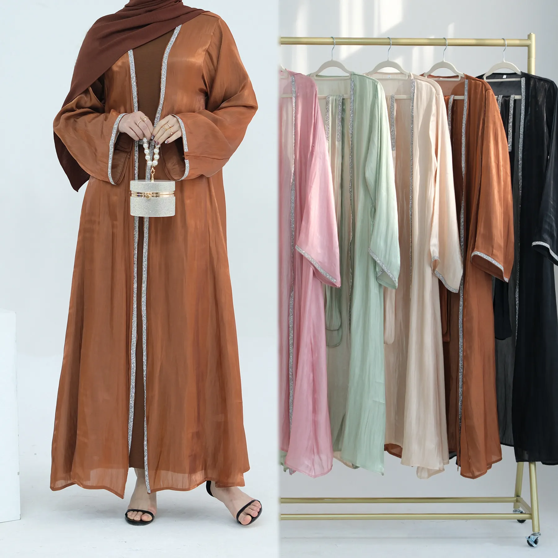 イスラム教徒の服アバヤエンサテンデ高級サテンアバヤホワイト卸売ツーピースセット2024イスラム教徒の女性の祭りの服
