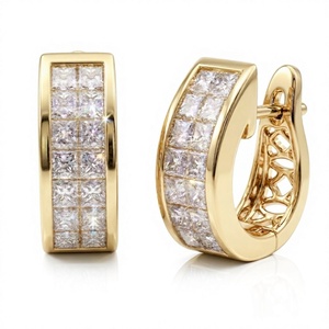 Pendientes de Aro de Oro Amarillo Sólido de 18k de Lujo con Doble Hilera de Diamantes Naturales de Corte Princesa y Engaste Invisible, Joyería Fina de Fábrica - Product Image 1