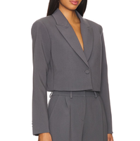 Veste de Costume de Bureau Ajustée pour Femme, Gris Anthracite, Coupe Courte, à Revers Crantés, Bouton Unique, Épaules Rembourrées, Personnalisation OEM/ODM
