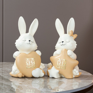 Statua di Coppia di Conigli Romantici con Cuore e Stella, Decorazione in Resina per Soggiorno, Camera da Letto e Matrimoni - Product Image 3