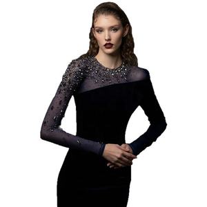 OUDINA 别致定制工厂礼服裙优雅网纱串珠天鹅绒拼接钻石晚礼服女式 - Product Image 3