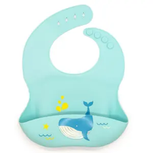 Hot Sale Printing Bpa Free Soft Feeding Wipeable Custom Animal Dinosau Whale Silicone Waterproof Bib Silicone Baby Bib