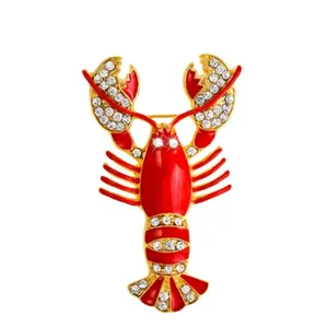 Fashion Jewelry Cute Metal Seafood Pin Enamel Red Rhinestone Lobster Brooch