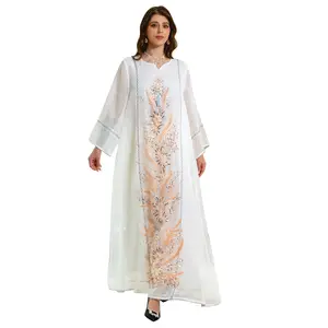 hot selling Islamic clothing Arab lady abaya white beadings sequins Ramadan Muslim women fancy prom modest dress