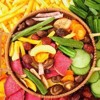 Fruit, groente, snacks, gedroogd fruit en groenten, groothandel, bulk, gezonde snacks, HALAL, gemengde knapperige plakjes, gedroogde groenten