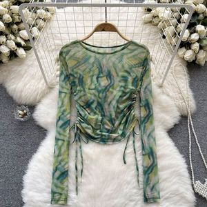 Annshine Blouse en mousseline à manches longues, coupe ajustée, col rond, avec cordon de serrage et maille tie-dye, design vintage de niche, Nouvelle collection été 2026 - Product Image 3
