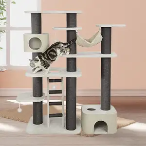Torre de árvore de gato, escada elegante de madeira com design de gato, torre de arranhões