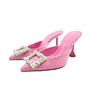 158-207 ZA donne all'ingrosso calde sandali rosa ufficio formale di lusso punta a punta treccia rosa signore scarpe tacco alto sandali donna