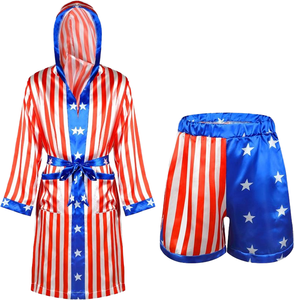 Traje elegante de Halloween para hombres y mujeres adultos, conjunto de disfraces de boxeo, poliéster, satén, bandera americana, Rocky Boxer, uniforme, bata con capucha - Product Image 1