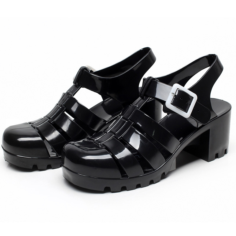 Sandal wanita Hak Jelly transparan antiair, sandal platform bening renda Retro musim panas 2021