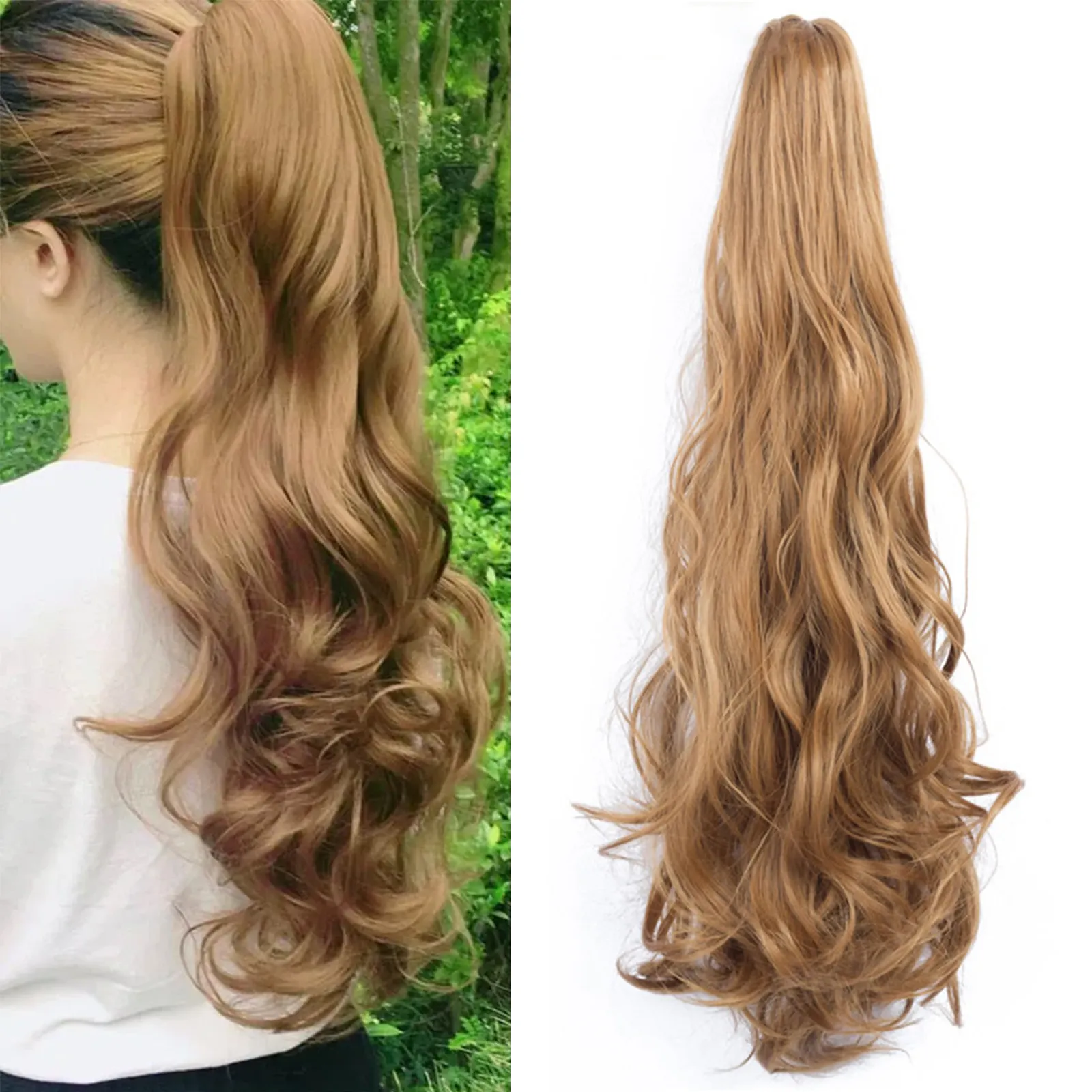 G & T Pruik 24Inch Zwart Haar Verlenging Paardenstaart Lange Klauw Haarverlenging Synthetische Krullende Golvende Haarstukjes Paardenstaart Clip