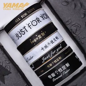 Yama ruban noir blanc logo personnalisé impression satin or marquage à chaud gros-grain personnalisé ruban imprimé