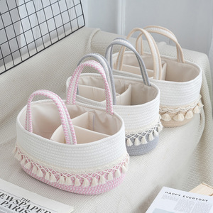 Cesta de Almacenamiento de Cuerda de Algodón Hecha a Mano con Diseño de Borlas para Pañales de Bebé, Juguetes, Organización - Product Image 1