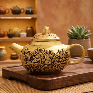 Théière traditionnelle chinoise en laiton avec couvercle et poignée, couleur dorée, design décoratif - Product Image 3