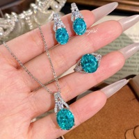 Nouvelle Collection : Parure de Bijoux Fantaisie pour Femme – Collier Pendentif Romantique Paraiba, Boucles d'Oreilles en Laiton Bleu Azur Forme Œuf de Colombe et Bague Ouverte