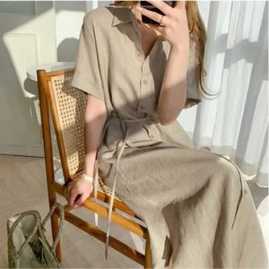 Robe longue ample en lin personnalisée à manches courtes, couleur unie, confortable, pour femme, décontractée, avec ceinture fine à nouer, style chemise. - Product Image 2