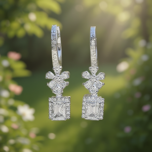 Apvibchiehe Orecchini pendenti a fiore placcati oro bianco con zirconi taglio smeraldo incastonati a griffe, gioielli classici da donna per feste - Product Image 2