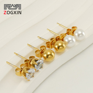 Zogxin Stud Earrings 18K Stainless Steel Pearl Zircon Ball Geometric Design For Women Gift Jewelry - Product Image 1