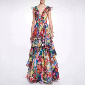 Vestido de noche para mujer con estampado floral, cuello en V, cintura imperio, plisado, vestido largo a capas, vestido largo de moda para fiesta - Product Image 1
