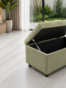 Pouf de rangement moderne en tissu vert avec dessus capitonné pour salon - Product Image 4