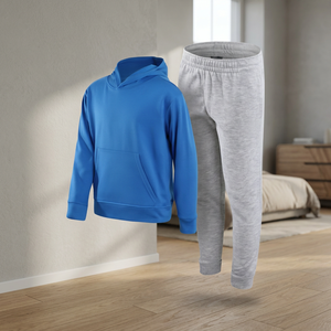 Ensemble sweat-shirt à capuche bleu avec poche et pantalon de survêtement gris en molleton unisexe, vêtements décontractés d'automne, coupe classique, coton tricoté - Product Image 3