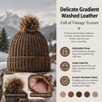 Bonnet en tricot à revers couleur mélangée, style forêt vintage, avec pompon en fausse fourrure, chaud et décoratif, pour le ski, les activités de plein air, les voyages et le quotidien