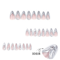 Uñas postizas francesas para mujer, color nude y negro, forma ataúd mediana con diamantes de imitación en forma de corazón, de ABS, a la moda, inspiradas en el estilo Ins.