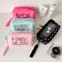 Trousse à crayons en peluche style coréen imperméable, couleur bonbon, avec nœud, pour fille, rangement de papeterie, trousse de maquillage et de toilette pour étudiante, vente en gros